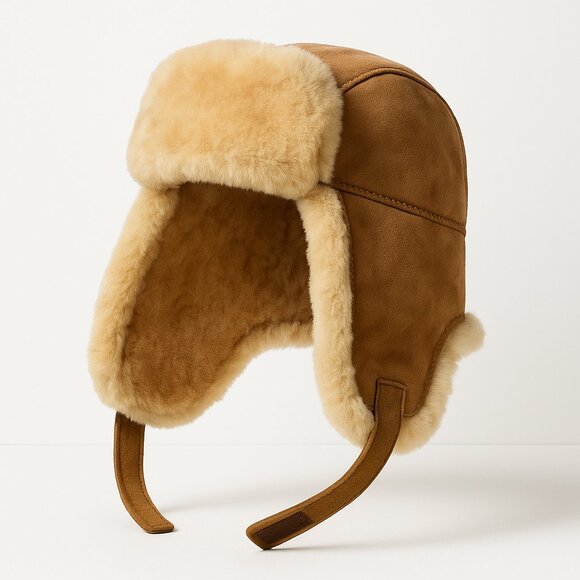 Genuine Shearling Sheepskin Trapper Hat Tan Aviator Winter Warm XL Apres Ski - Picture 2 of 16